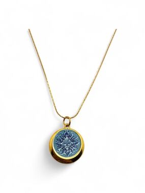 Gold Pendant Necklace with Blue Sunburst Enamel
